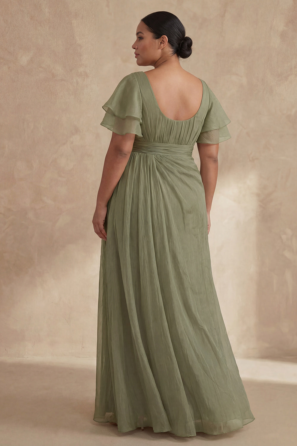 A Line Long Dusty Sage Boat Neck Mother of the Bride Dress with Ruffles