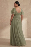 A Line Long Dusty Sage Boat Neck Mother of the Bride Dress with Ruffles