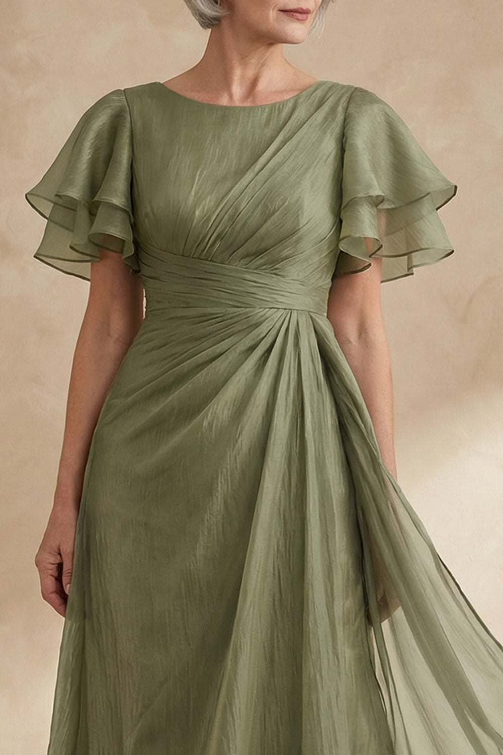 A Line Long Dusty Sage Boat Neck Mother of the Bride Dress with Ruffles