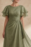 A Line Long Dusty Sage Boat Neck Mother of the Bride Dress with Ruffles