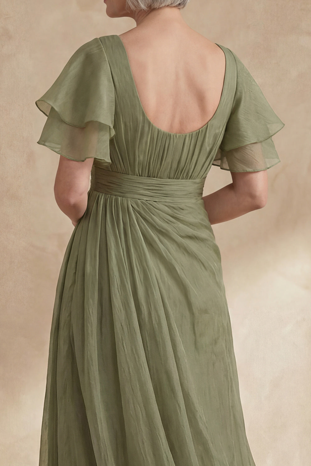 A Line Long Dusty Sage Boat Neck Mother of the Bride Dress with Ruffles