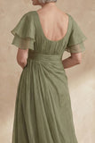 A Line Long Dusty Sage Boat Neck Mother of the Bride Dress with Ruffles