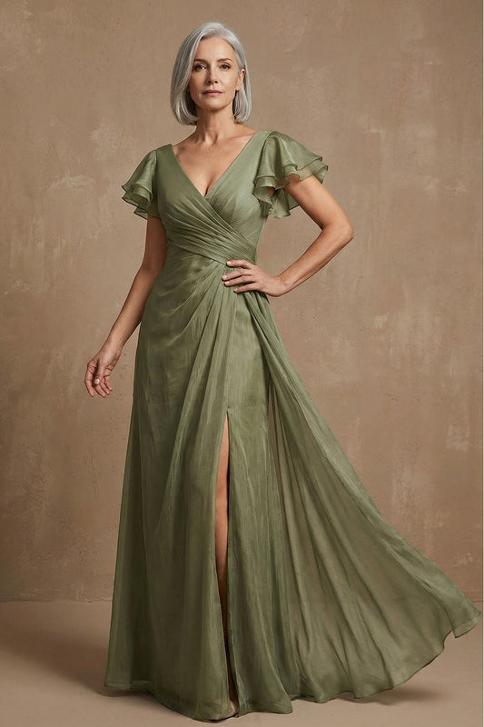 V Neck Dusty Sage A Line Long Ruffled Mother of the Bride Dress with Slit