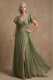 V Neck Dusty Sage A Line Long Ruffled Mother of the Bride Dress with Slit