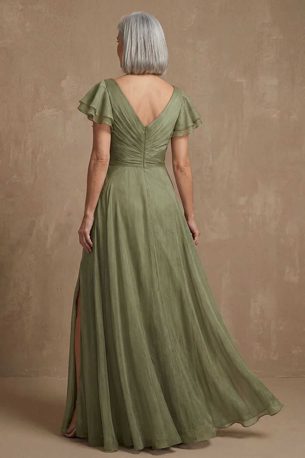 V Neck Dusty Sage A Line Long Ruffled Mother of the Bride Dress with Slit