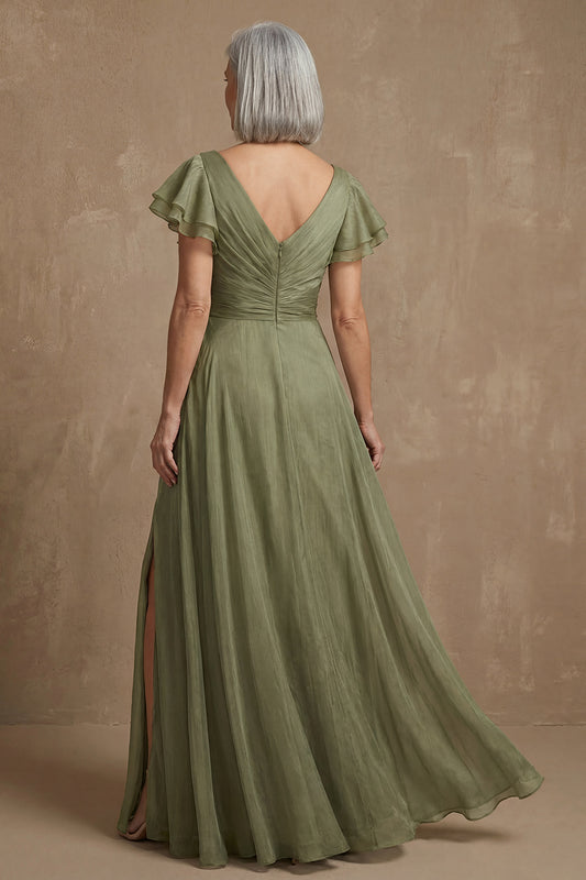 V Neck Dusty Sage A Line Long Ruffled Mother of the Bride Dress with Slit