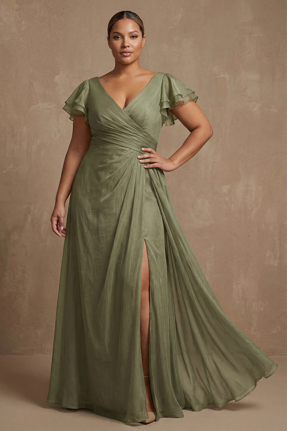 V Neck Dusty Sage A Line Long Ruffled Mother of the Bride Dress with Slit