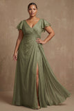 V Neck Dusty Sage A Line Long Ruffled Mother of the Bride Dress with Slit