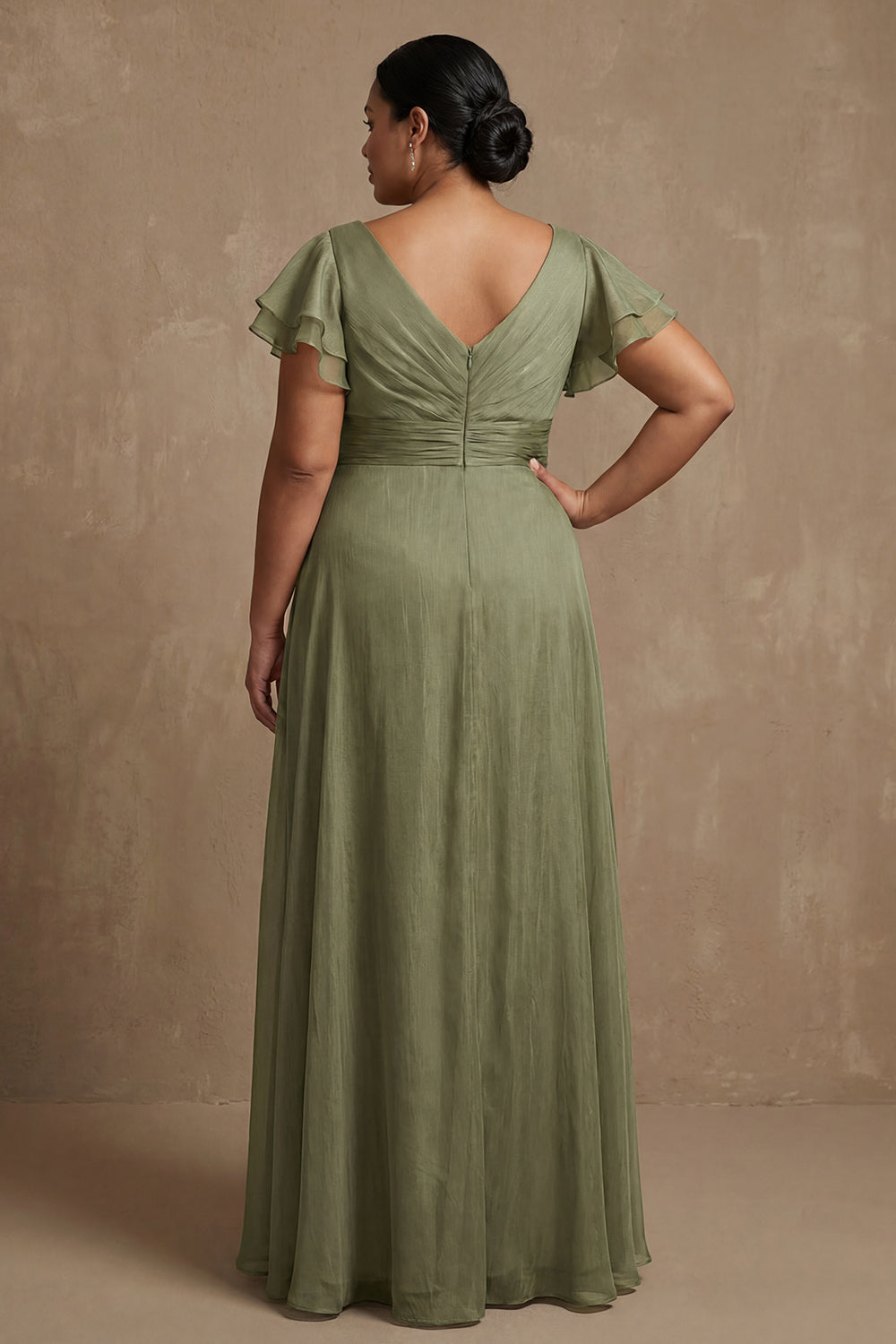 V Neck Dusty Sage A Line Long Ruffled Mother of the Bride Dress with Slit