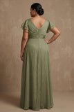 V Neck Dusty Sage A Line Long Ruffled Mother of the Bride Dress with Slit