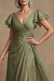 V Neck Dusty Sage A Line Long Ruffled Mother of the Bride Dress with Slit