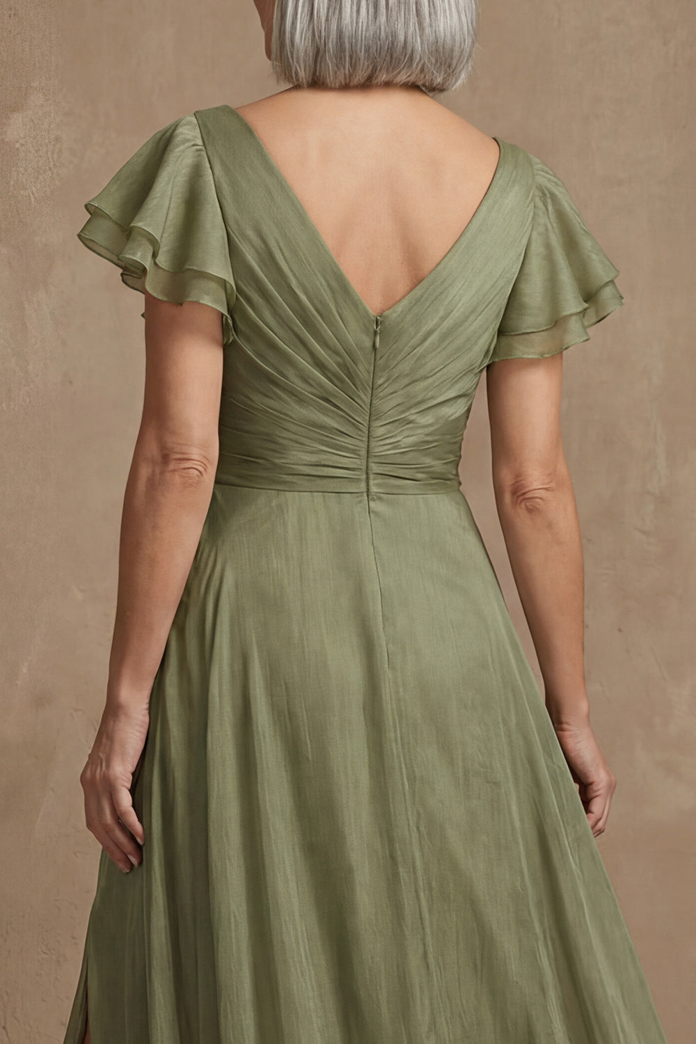V Neck Dusty Sage A Line Long Ruffled Mother of the Bride Dress with Slit