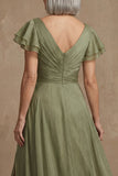 V Neck Dusty Sage A Line Long Ruffled Mother of the Bride Dress with Slit