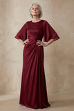 Red Sheath Round Neck Long Mother of the Bride Dress with Sleeves