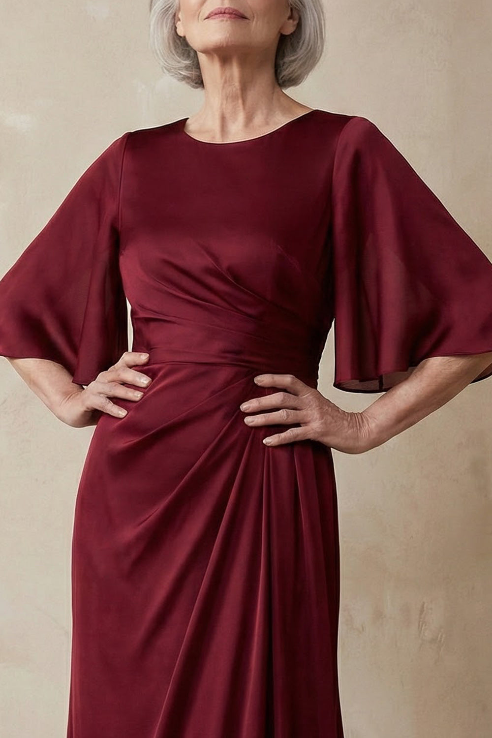 Red Sheath Round Neck Long Mother of the Bride Dress with Sleeves