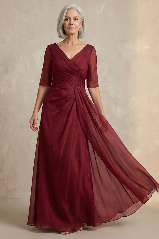 Red A Line V Neck Long Mother of the Bride Dress with Sleeves
