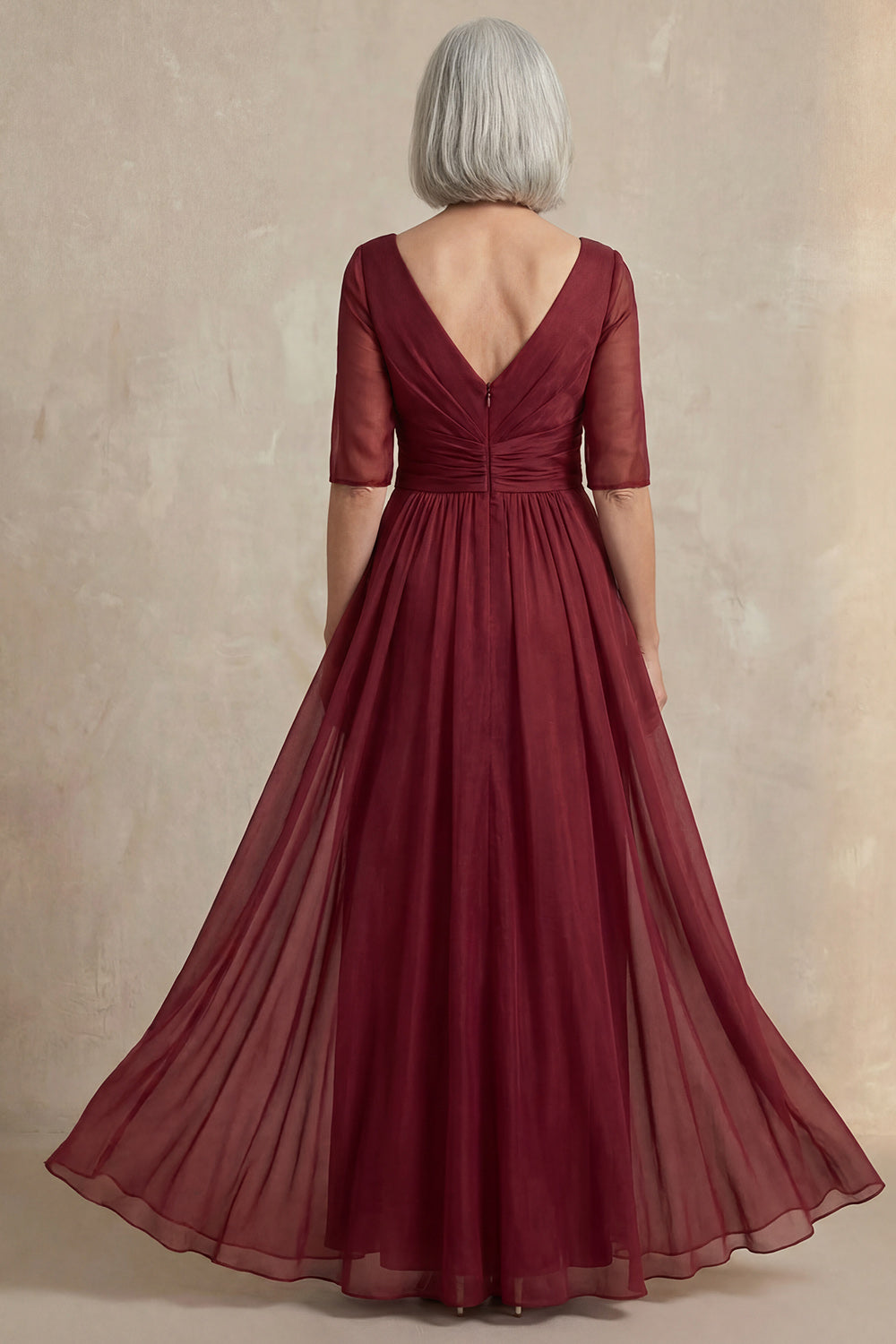 Red A Line V Neck Long Mother of the Bride Dress with Sleeves