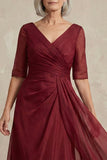 Red A Line V Neck Long Mother of the Bride Dress with Sleeves