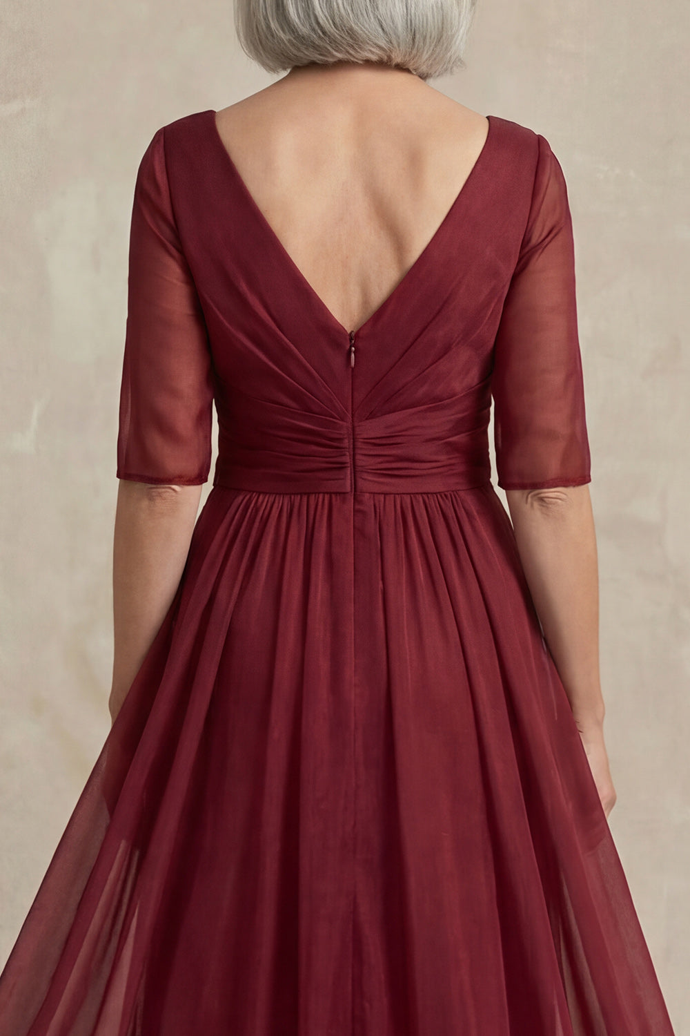 Red A Line V Neck Long Mother of the Bride Dress with Sleeves