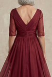 Red A Line V Neck Long Mother of the Bride Dress with Sleeves