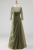Dusty Sage Bateau Neck A Line Long Mother of the Bride Dress with Sleeves