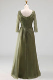 Dusty Sage Bateau Neck A Line Long Mother of the Bride Dress with Sleeves
