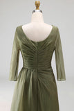 Dusty Sage Bateau Neck A Line Long Mother of the Bride Dress with Sleeves