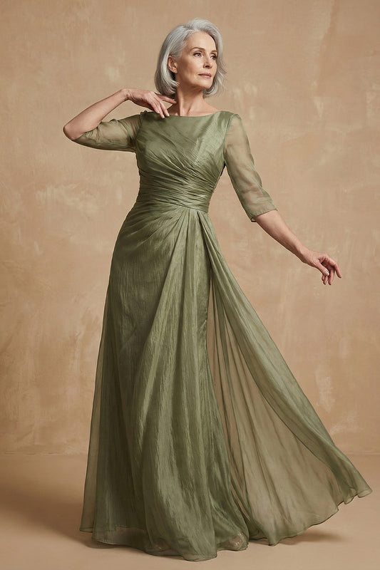 Dusty Sage Bateau Neck A Line Long Mother of the Bride Dress with Sleeves