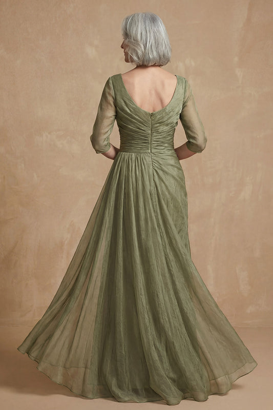 Dusty Sage Bateau Neck A Line Long Mother of the Bride Dress with Sleeves
