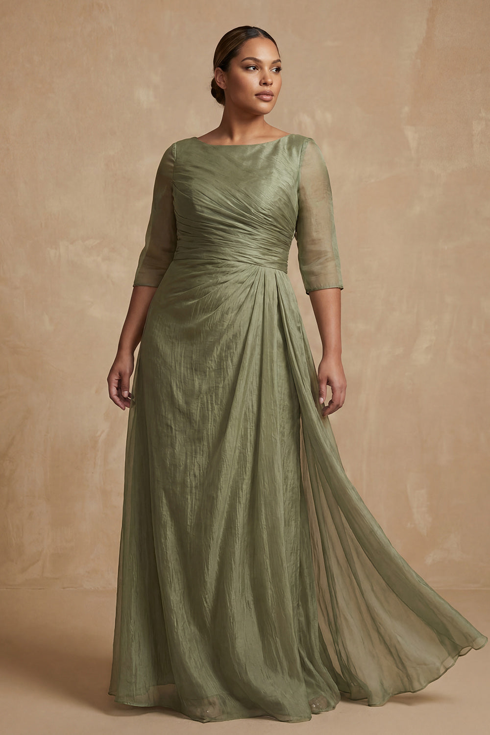 Dusty Sage Bateau Neck A Line Long Mother of the Bride Dress with Sleeves
