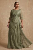 Dusty Sage Bateau Neck A Line Long Mother of the Bride Dress with Sleeves