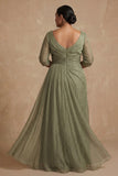 Dusty Sage Bateau Neck A Line Long Mother of the Bride Dress with Sleeves
