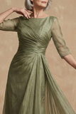 Dusty Sage Bateau Neck A Line Long Mother of the Bride Dress with Sleeves