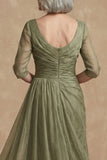 Dusty Sage Bateau Neck A Line Long Mother of the Bride Dress with Sleeves