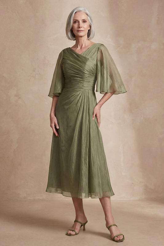 Dusty Sage Ruched Flutter Sleeves Long Mother of the Bride Dress