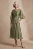 Dusty Sage Ruched Flutter Sleeves Long Mother of the Bride Dress