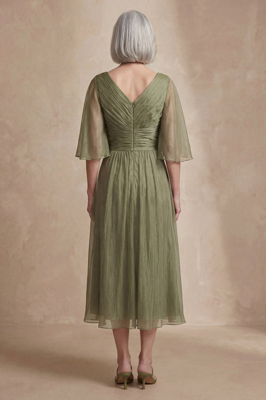 Dusty Sage Ruched Flutter Sleeves Long Mother of the Bride Dress