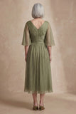Dusty Sage Ruched Flutter Sleeves Long Mother of the Bride Dress