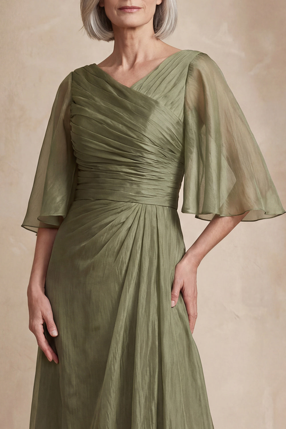 Dusty Sage Ruched Flutter Sleeves Long Mother of the Bride Dress