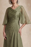 Dusty Sage Ruched Flutter Sleeves Long Mother of the Bride Dress