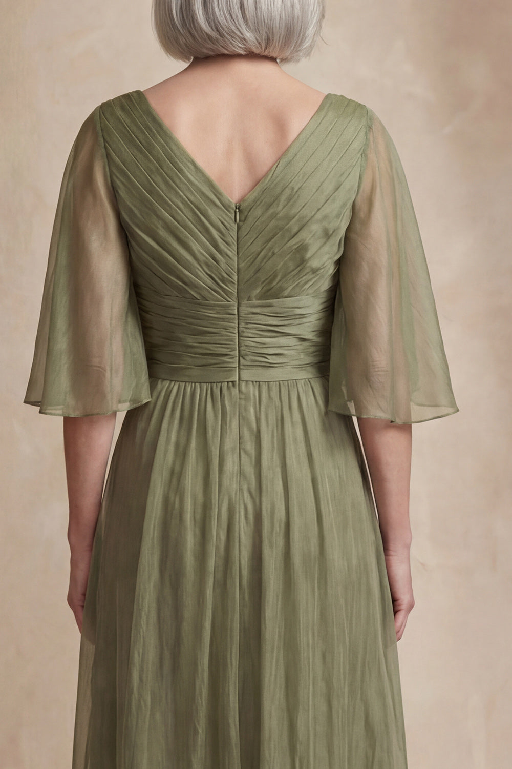 Dusty Sage Ruched Flutter Sleeves Long Mother of the Bride Dress