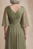 Dusty Sage Ruched Flutter Sleeves Long Mother of the Bride Dress