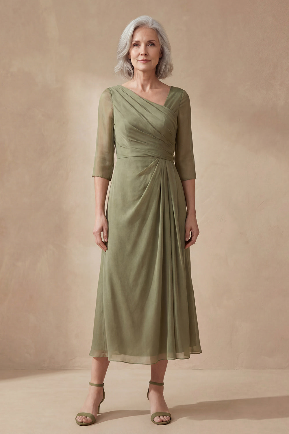 Dusty Sage Long A Line Ruched Mother of the Bride Dress with Sleeves