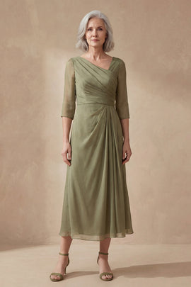 Dusty Sage Long A Line Ruched Mother of the Bride Dress with Sleeves