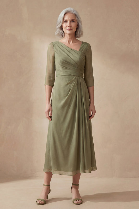 Dusty Sage Long A Line Ruched Mother of the Bride Dress with Sleeves