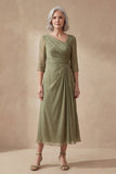 Dusty Sage Long A Line Ruched Mother of the Bride Dress with Sleeves