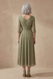 Dusty Sage Long A Line Ruched Mother of the Bride Dress with Sleeves