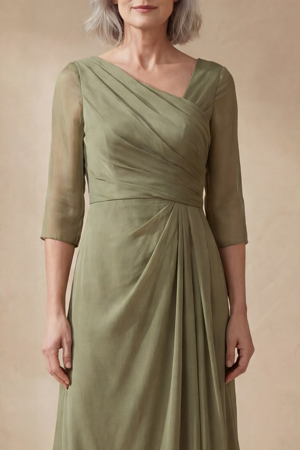 Dusty Sage Long A Line Ruched Mother of the Bride Dress with Sleeves