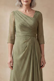 Dusty Sage Long A Line Ruched Mother of the Bride Dress with Sleeves