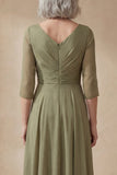 Dusty Sage Long A Line Ruched Mother of the Bride Dress with Sleeves